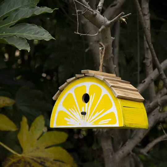 Glitzhome® 12" Hanging Yellow Wood Lemon Garden Decorative Birdhouse